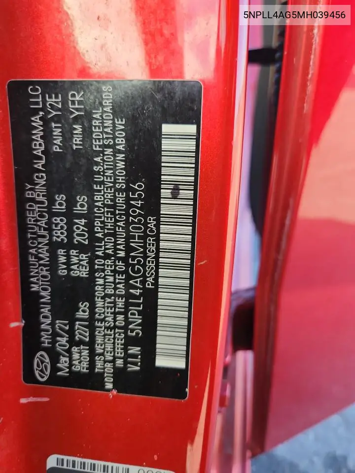 5NPLL4AG5MH039456 2021 Hyundai Elantra