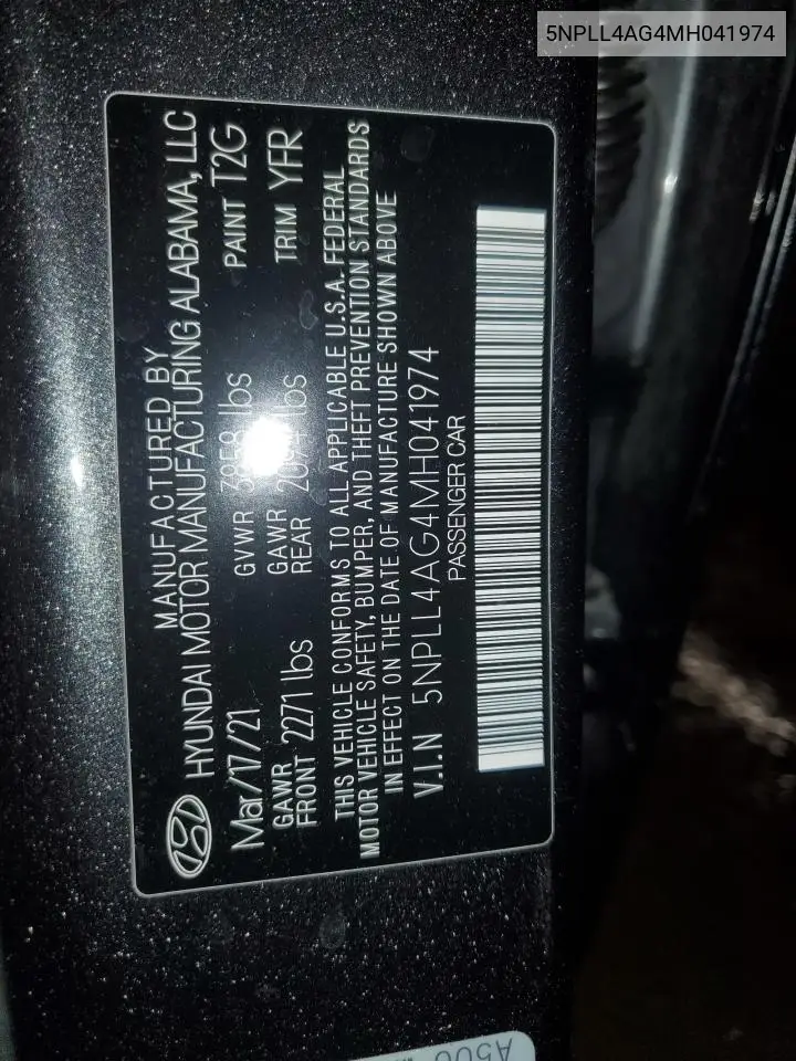 5NPLL4AG4MH041974 2021 Hyundai Elantra Se