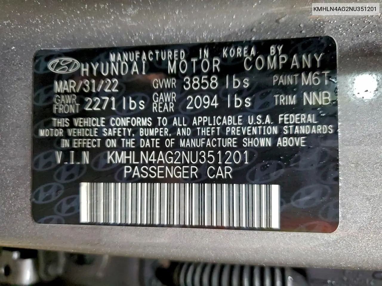 KMHLN4AG2NU351201 2022 Hyundai Elantra Sel