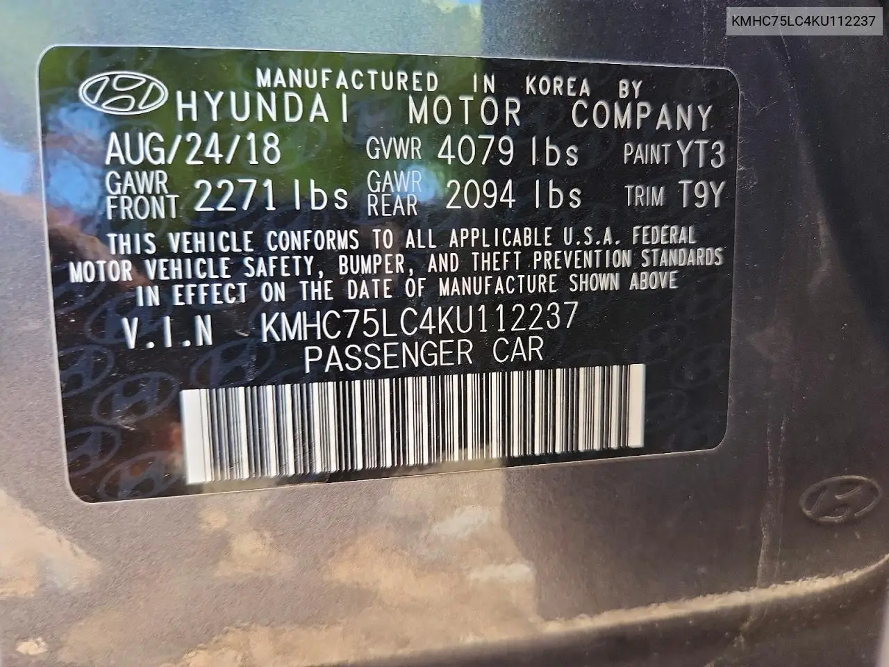 KMHC75LC4KU112237 2019 Hyundai Ioniq Sel