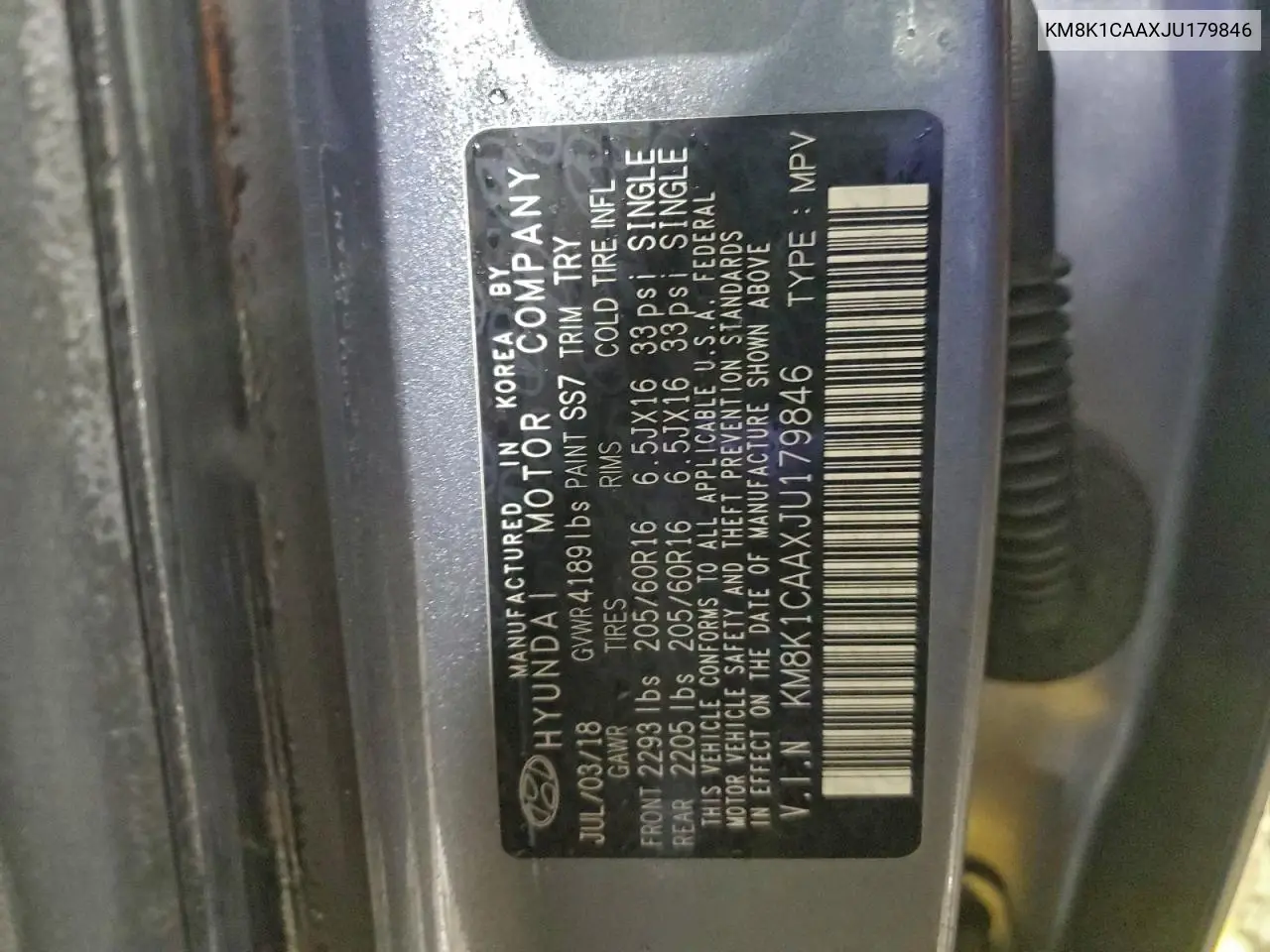 KM8K1CAAXJU179846 2018 Hyundai Kona Se