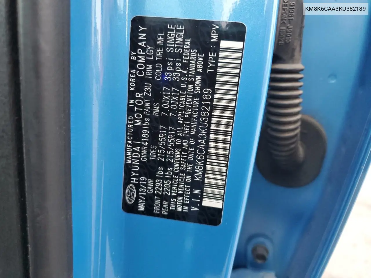 KM8K6CAA3KU382189 2019 Hyundai Kona Sel