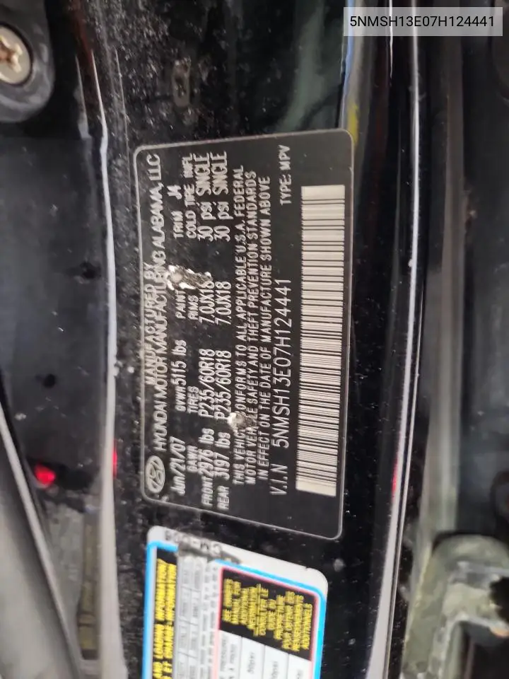 5NMSH13E07H124441 2007 Hyundai Santa Fe Se