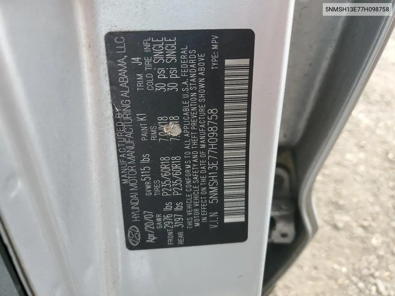 5NMSH13E77H098758 2007 Hyundai Santa Fe Se