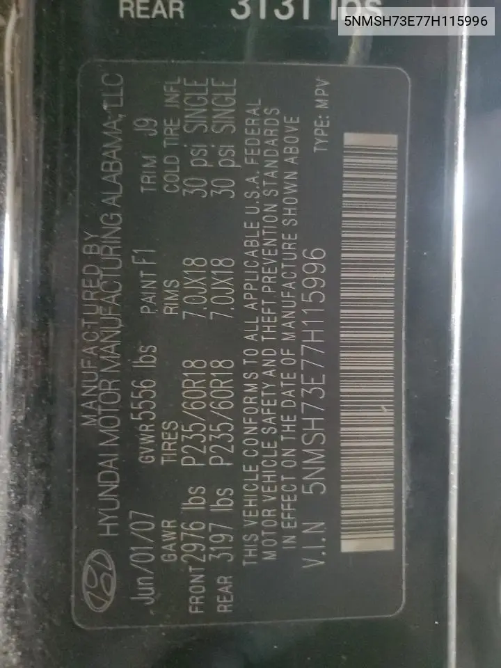 5NMSH73E77H115996 2007 Hyundai Santa Fe Se