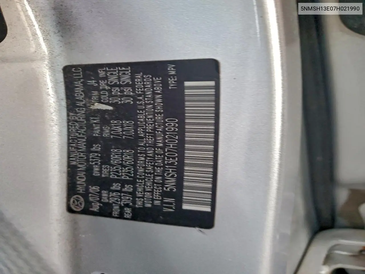 5NMSH13E07H021990 2007 Hyundai Santa Fe Se