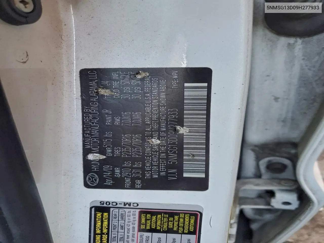 5NMSG13D09H277933 2009 Hyundai Santa Fe Gls