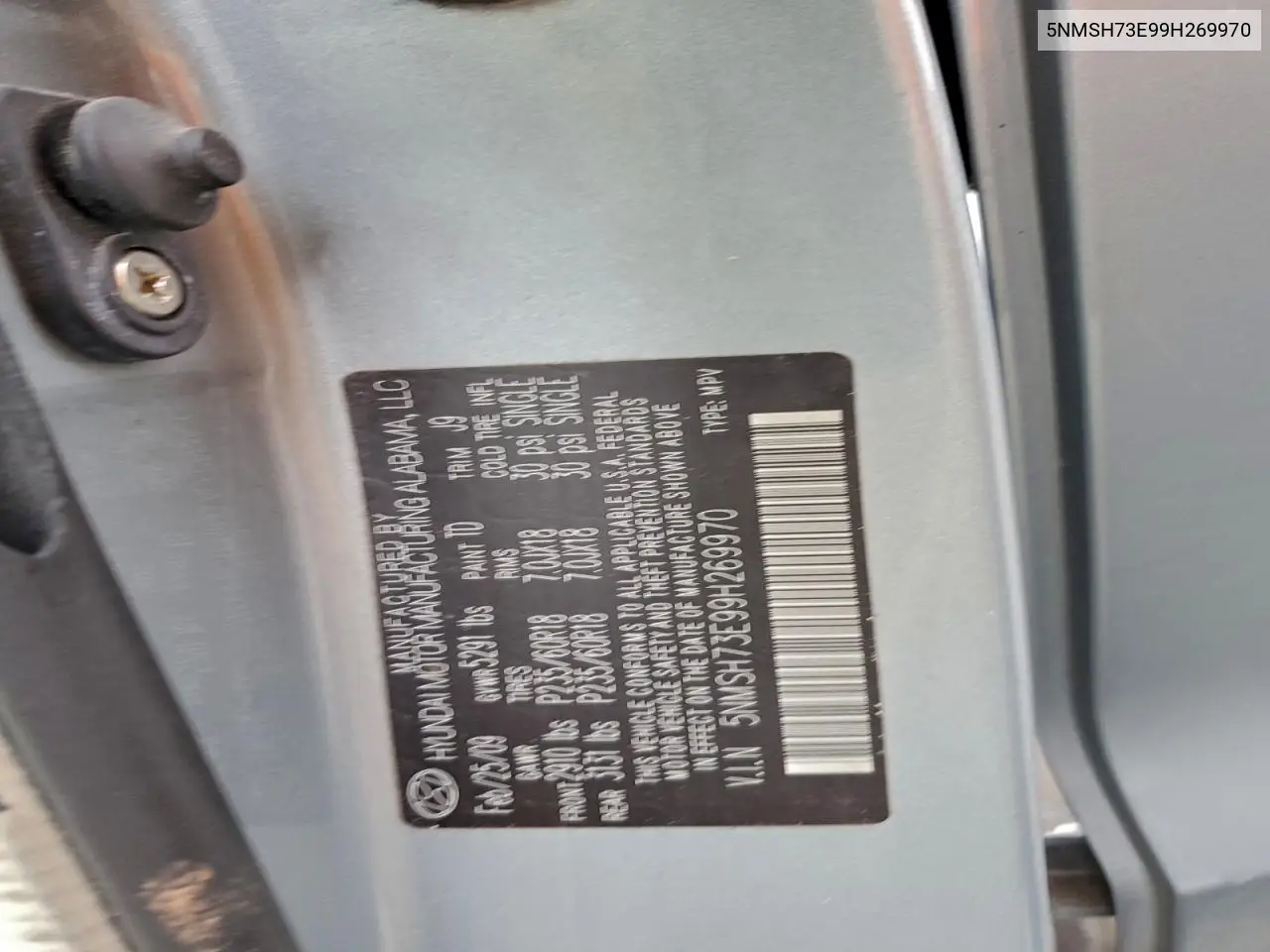 5NMSH73E99H269970 2009 Hyundai Santa Fe Se