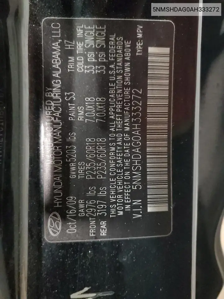 5NMSHDAG0AH333272 2010 Hyundai Santa Fe Se