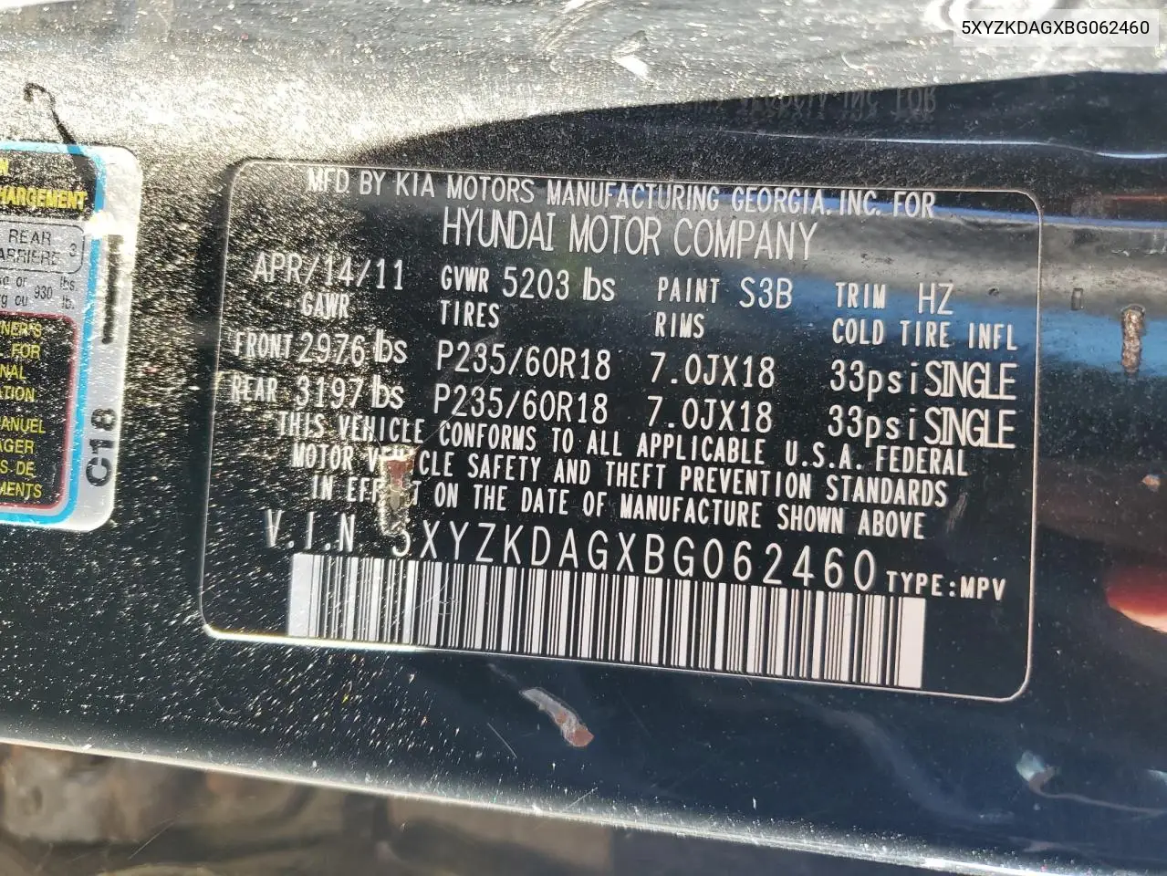5XYZKDAGXBG062460 2011 Hyundai Santa Fe Limited