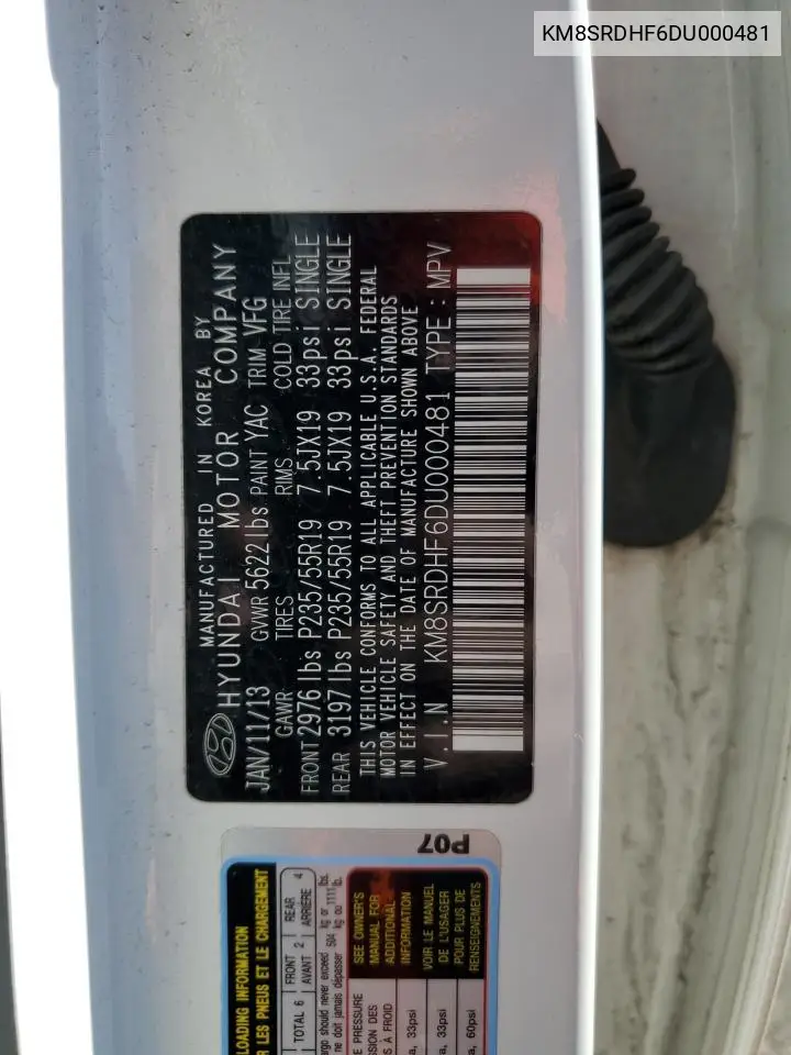 KM8SRDHF6DU000481 2013 Hyundai Santa Fe Limited