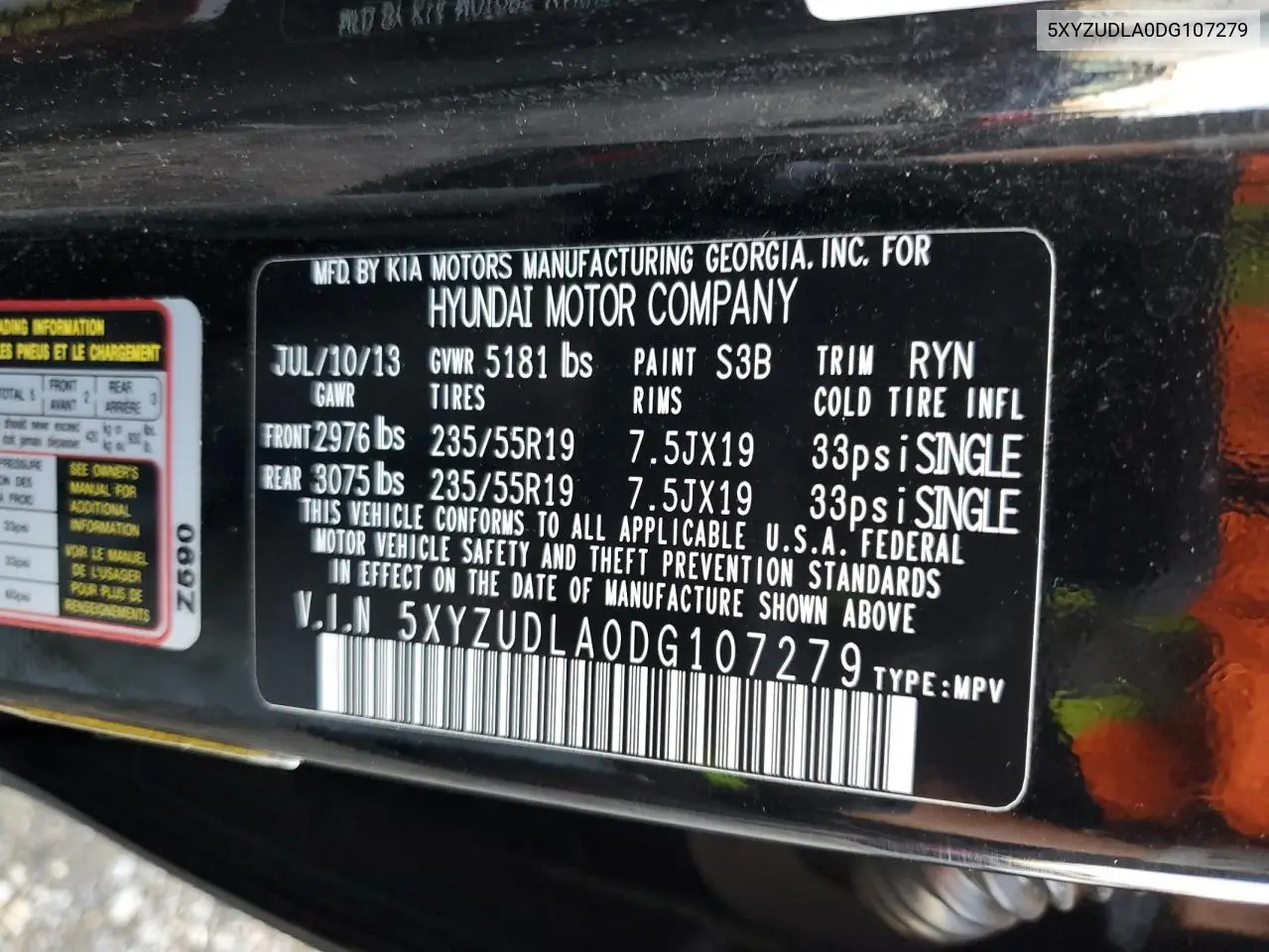 5XYZUDLA0DG107279 2013 Hyundai Santa Fe Sport