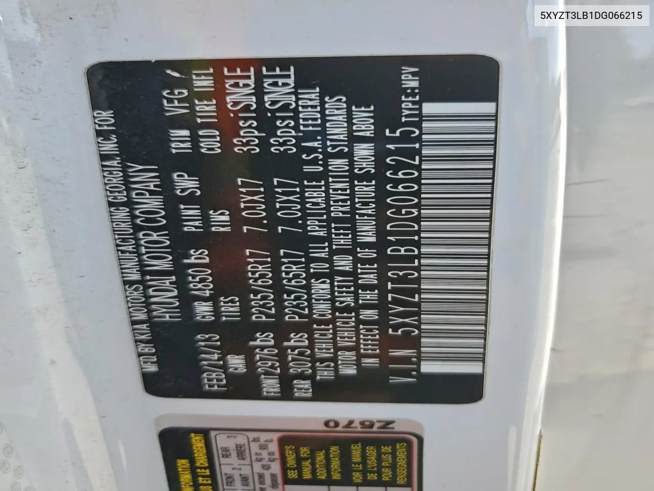 5XYZT3LB1DG066215 2013 Hyundai Santa Fe Sport