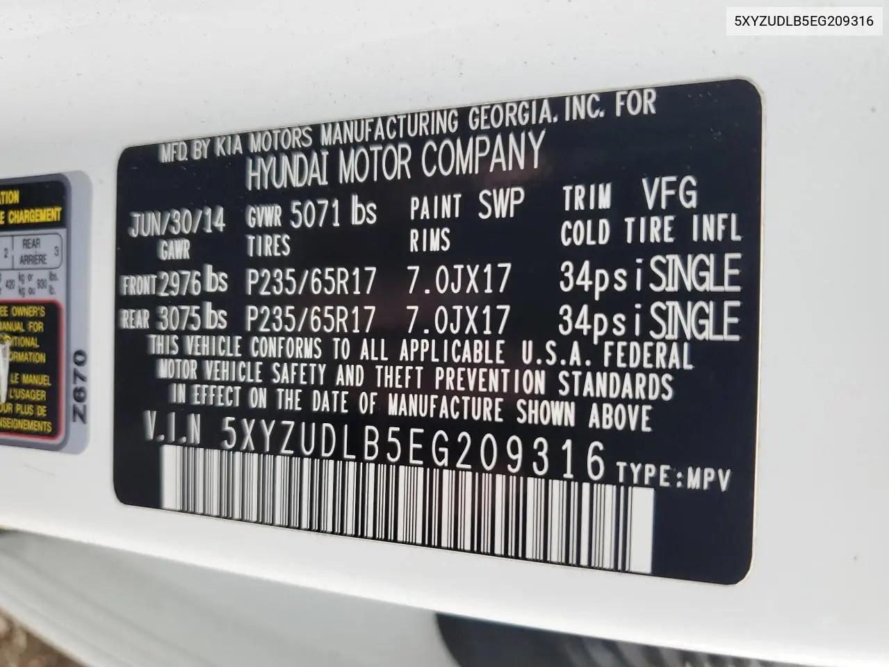 5XYZUDLB5EG209316 2014 Hyundai Santa Fe Sport