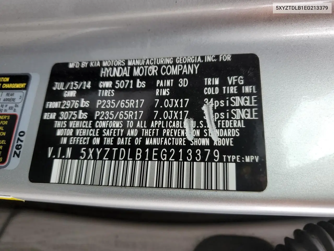 5XYZTDLB1EG213379 2014 Hyundai Santa Fe Sport