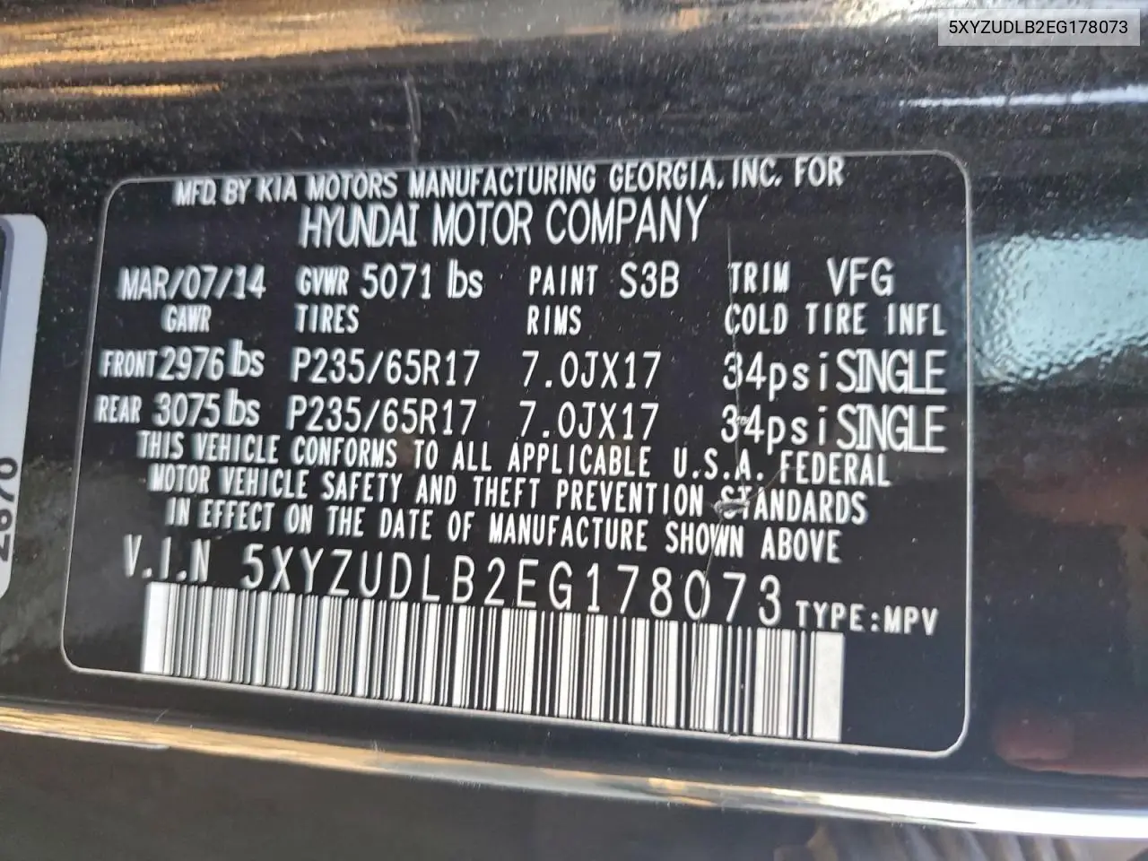5XYZUDLB2EG178073 2014 Hyundai Santa Fe Sport