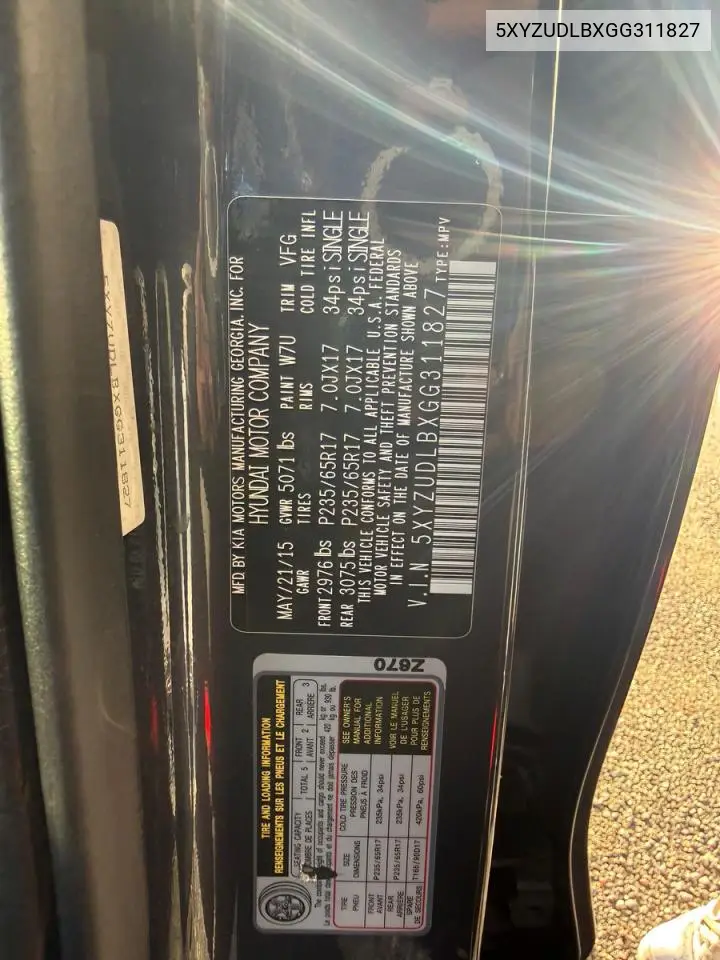 5XYZUDLBXGG311827 2016 Hyundai Santa Fe Sport