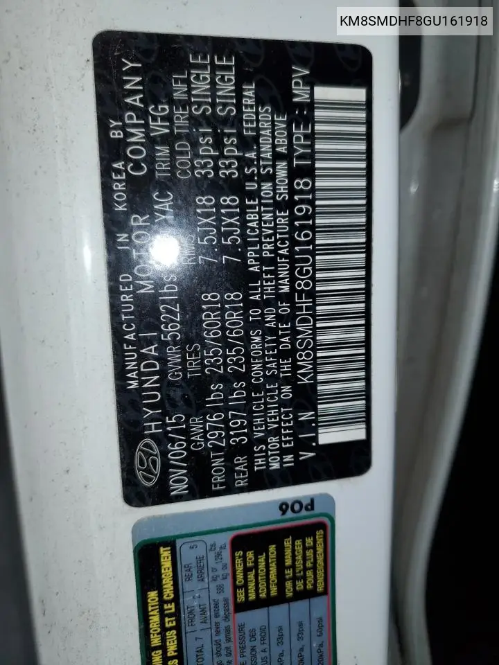 KM8SMDHF8GU161918 2016 Hyundai Santa Fe Se