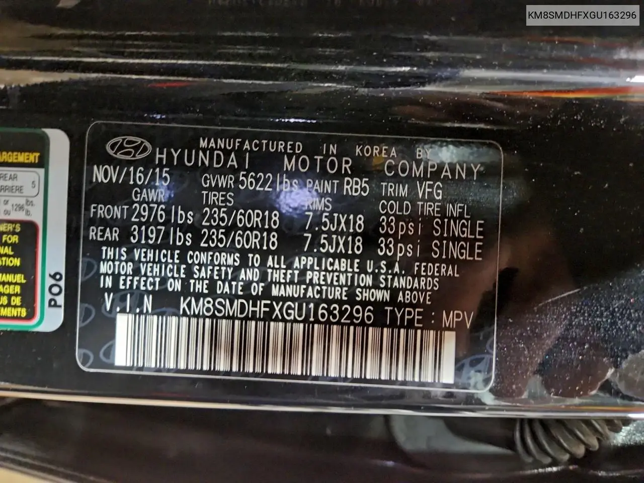 KM8SMDHFXGU163296 2016 Hyundai Santa Fe Se