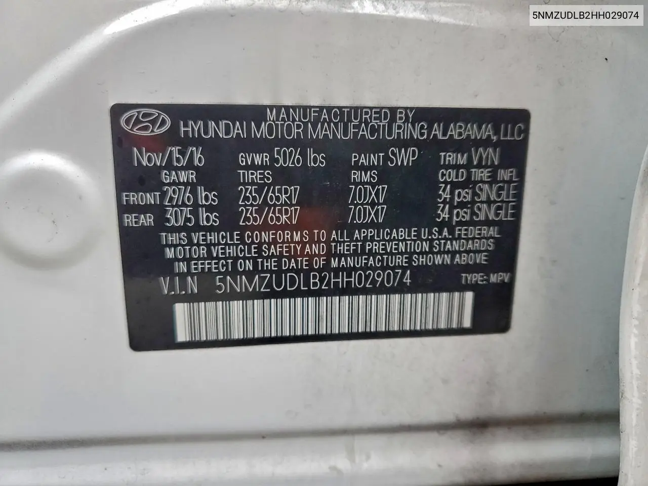 5NMZUDLB2HH029074 2017 Hyundai Santa Fe Sport
