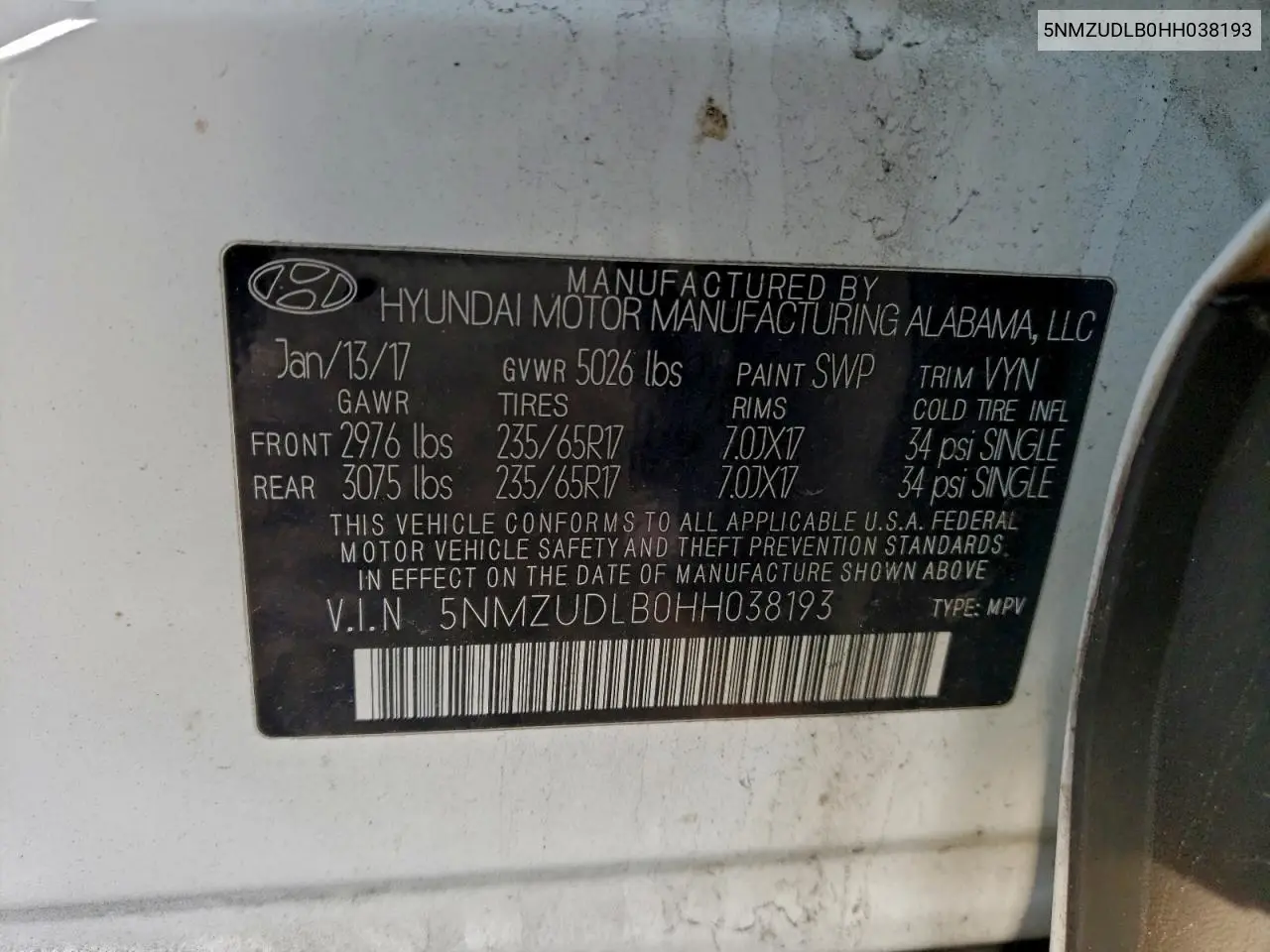 5NMZUDLB0HH038193 2017 Hyundai Santa Fe Sport
