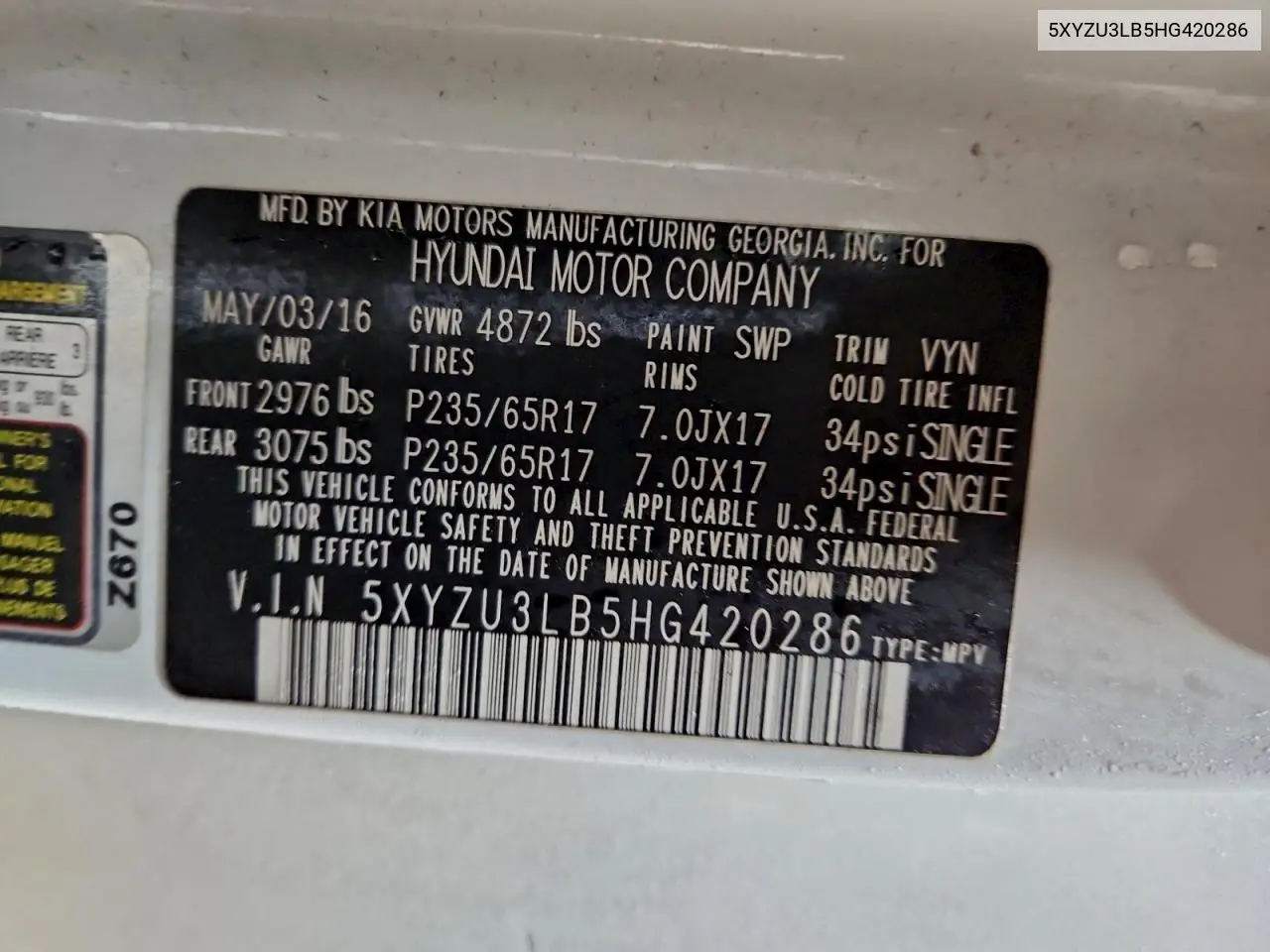 5XYZU3LB5HG420286 2017 Hyundai Santa Fe Sport