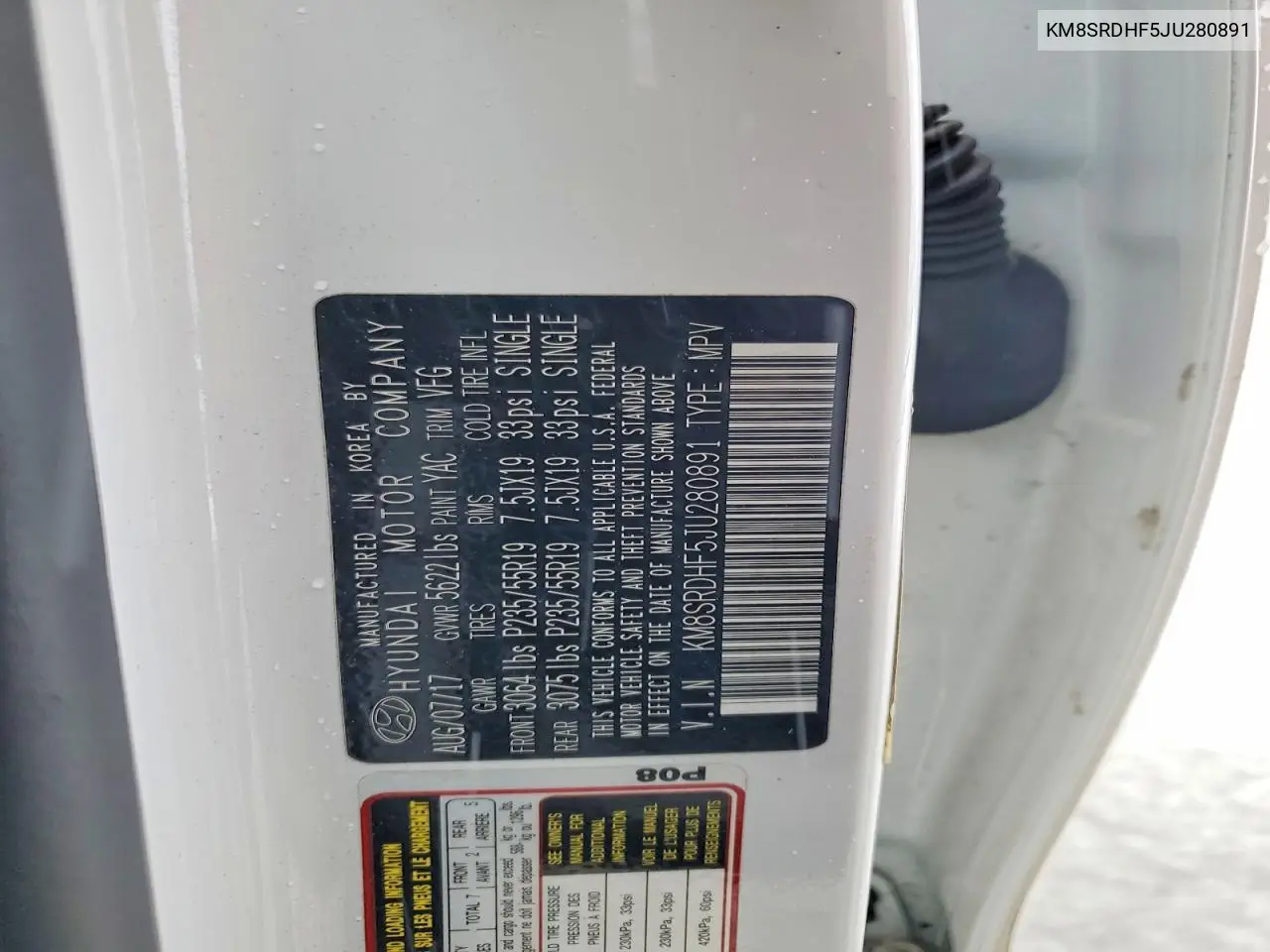 KM8SRDHF5JU280891 2018 Hyundai Santa Fe Se Ultimate