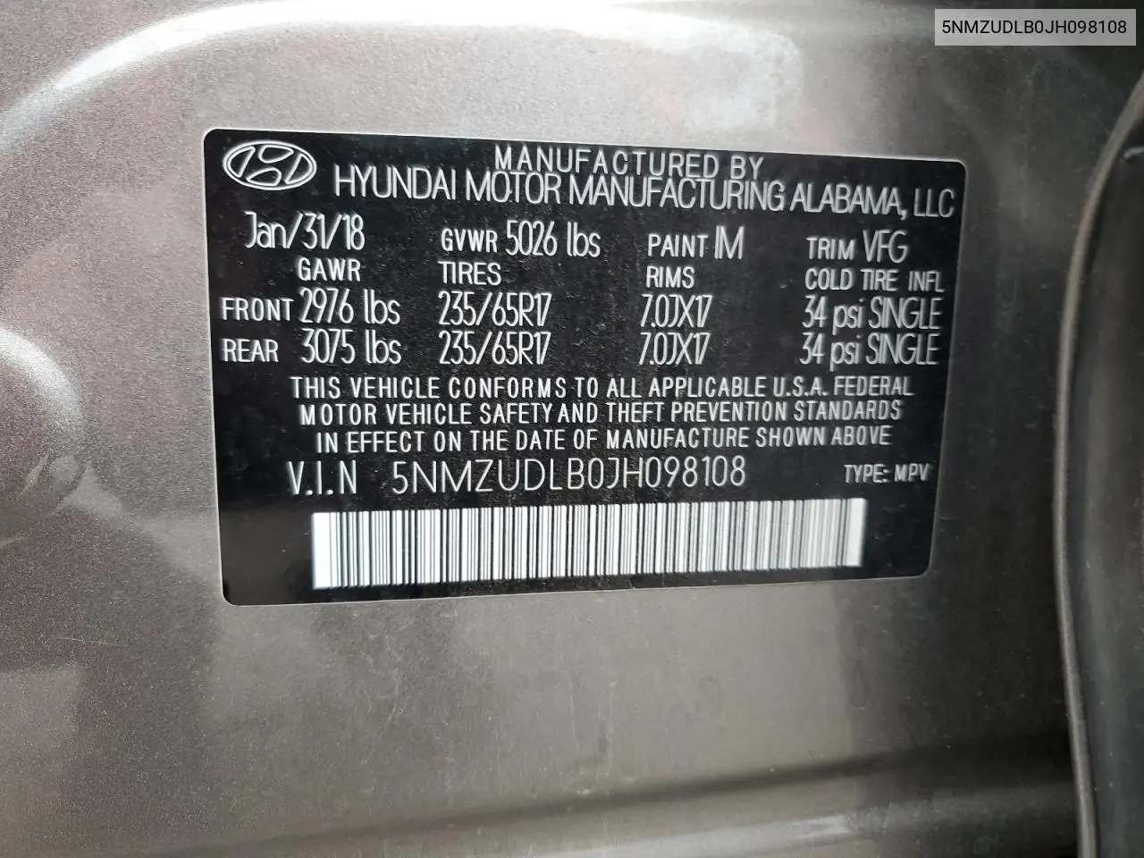 5NMZUDLB0JH098108 2018 Hyundai Santa Fe Sport