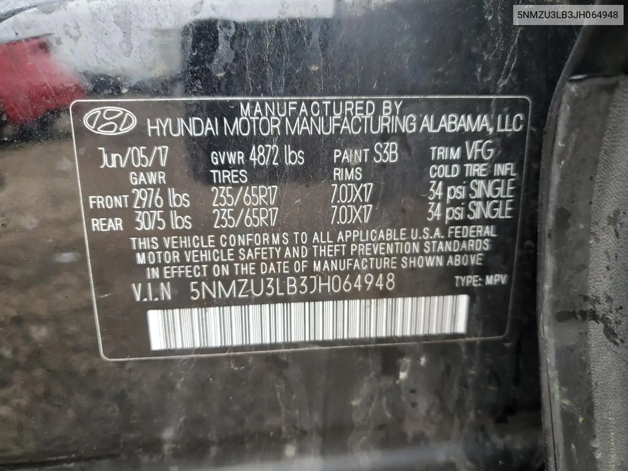 5NMZU3LB3JH064948 2018 Hyundai Santa Fe Sport