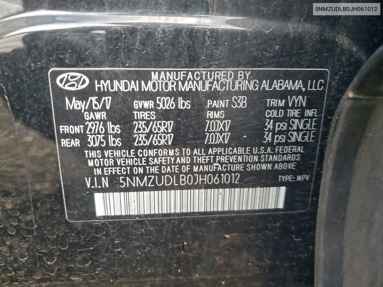 5NMZUDLB0JH061012 2018 Hyundai Santa Fe Sport