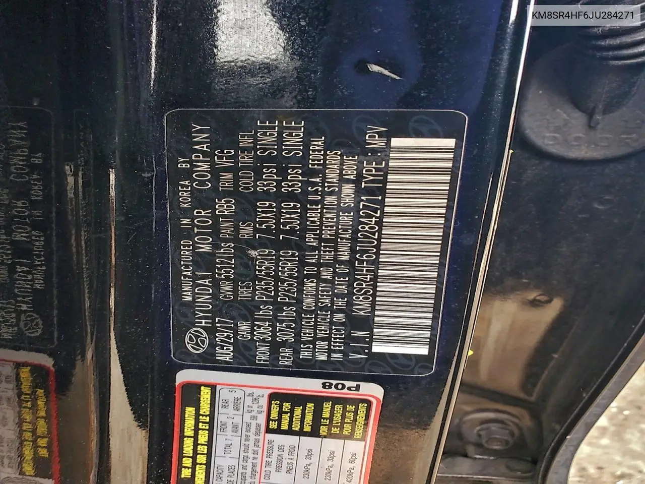 KM8SR4HF6JU284271 2018 Hyundai Santa Fe Se Ultimate