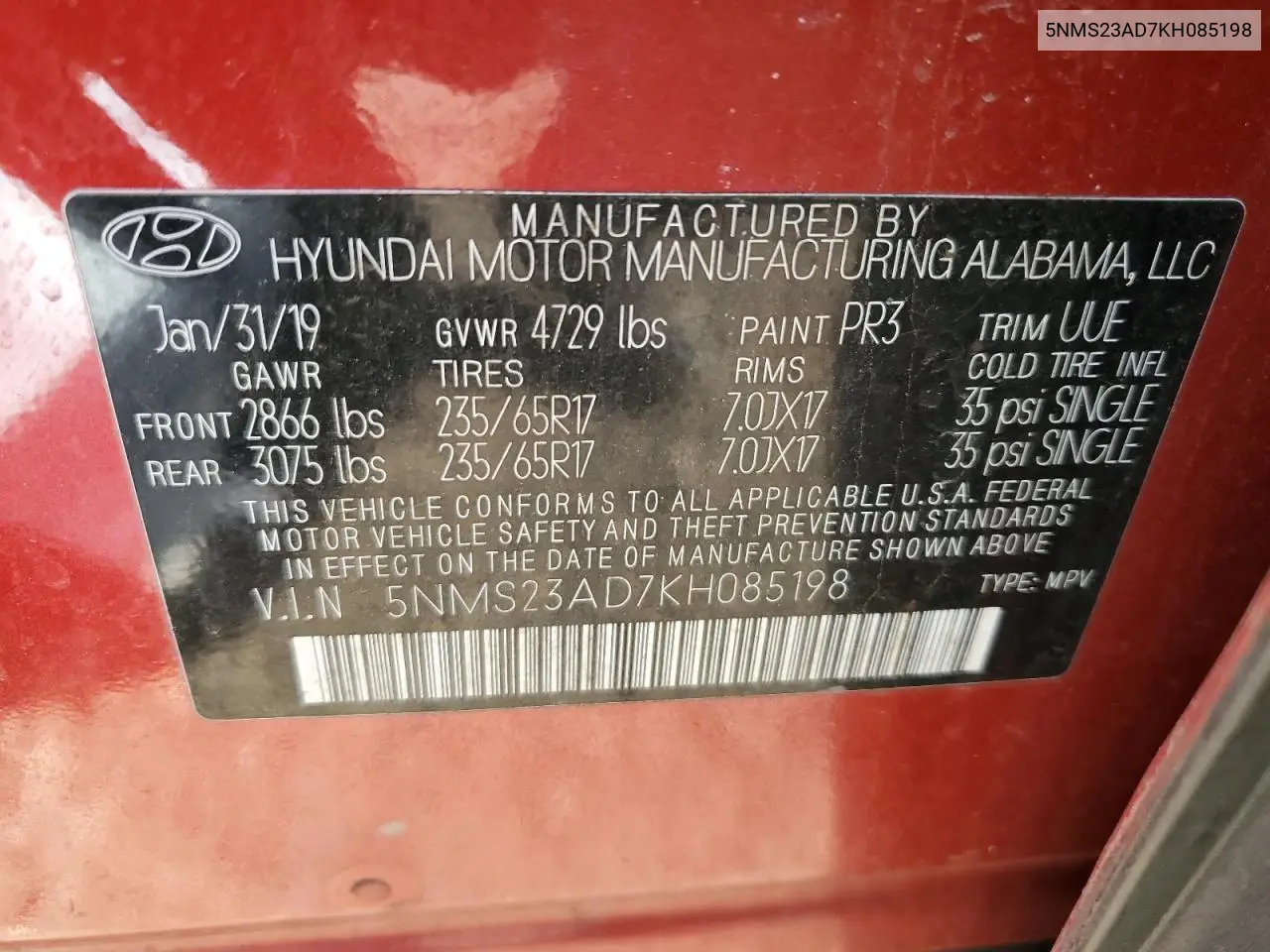 5NMS23AD7KH085198 2019 Hyundai Santa Fe Se