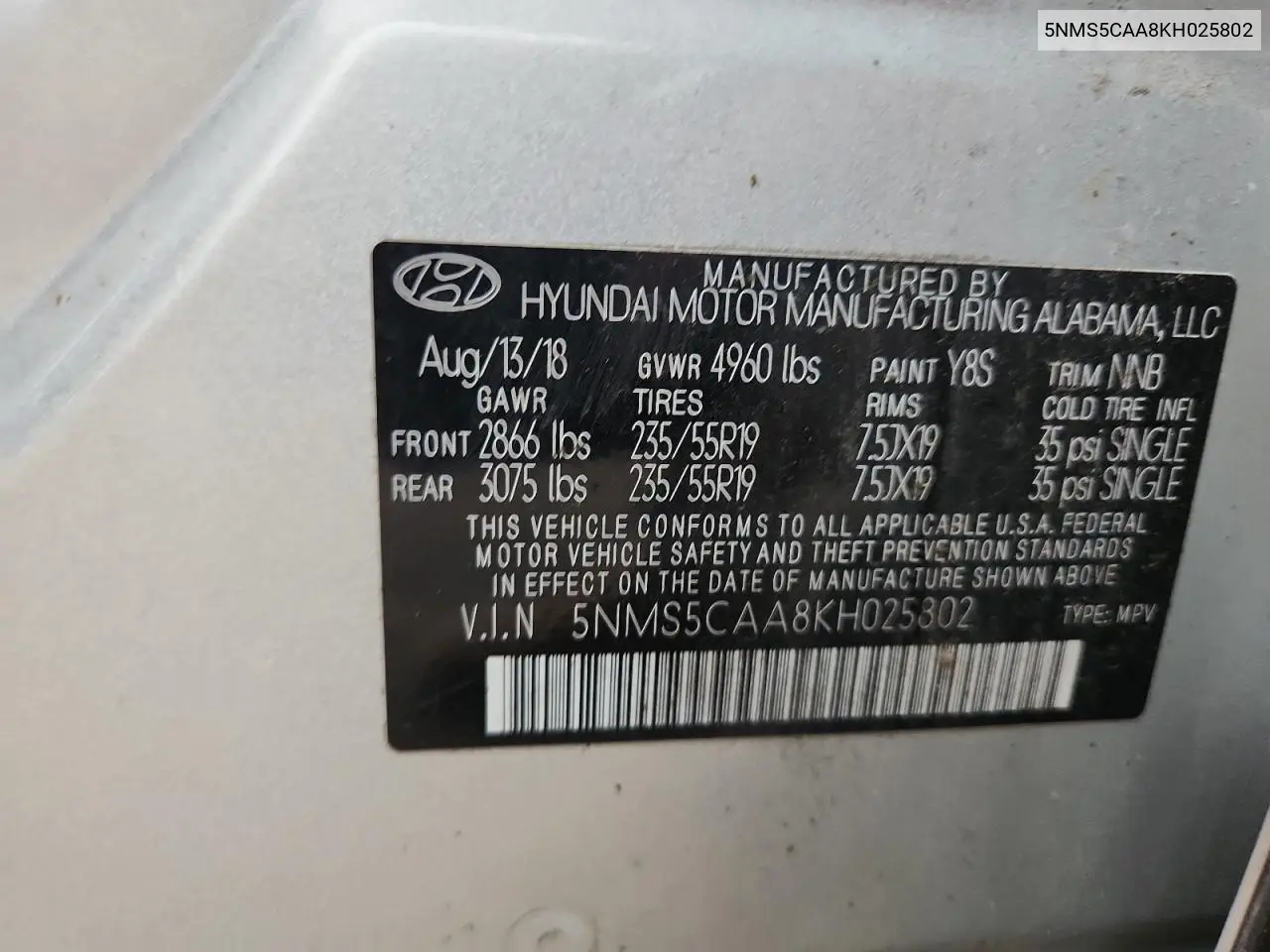 5NMS5CAA8KH025802 2019 Hyundai Santa Fe Limited