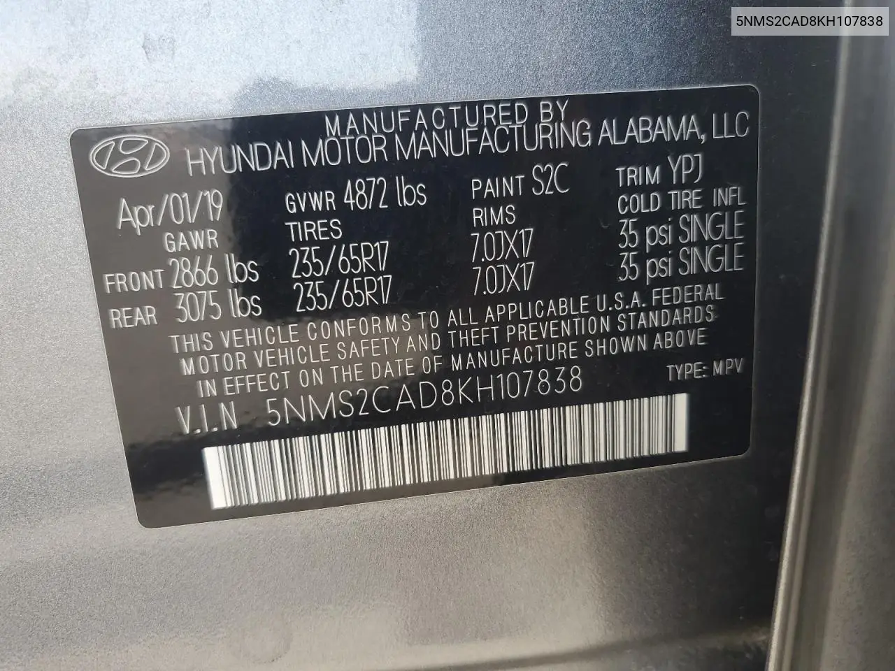 5NMS2CAD8KH107838 2019 Hyundai Santa Fe Se