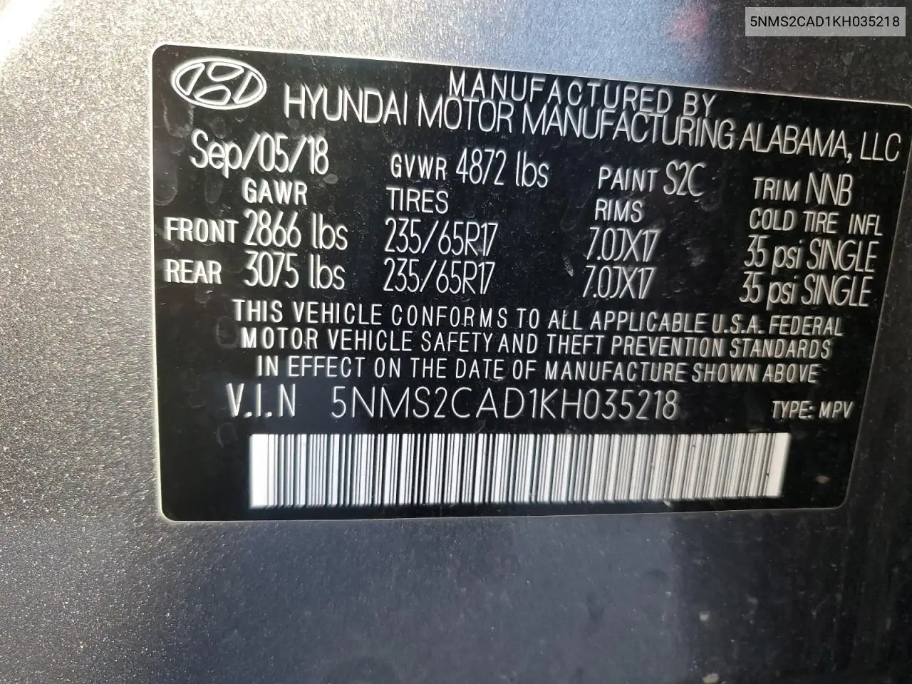 5NMS2CAD1KH035218 2019 Hyundai Santa Fe Se