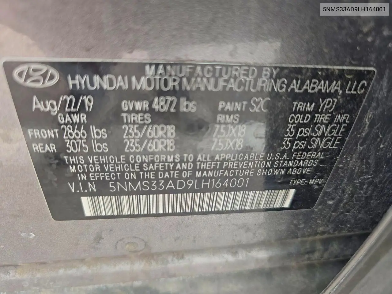 5NMS33AD9LH164001 2020 Hyundai Santa Fe Sel