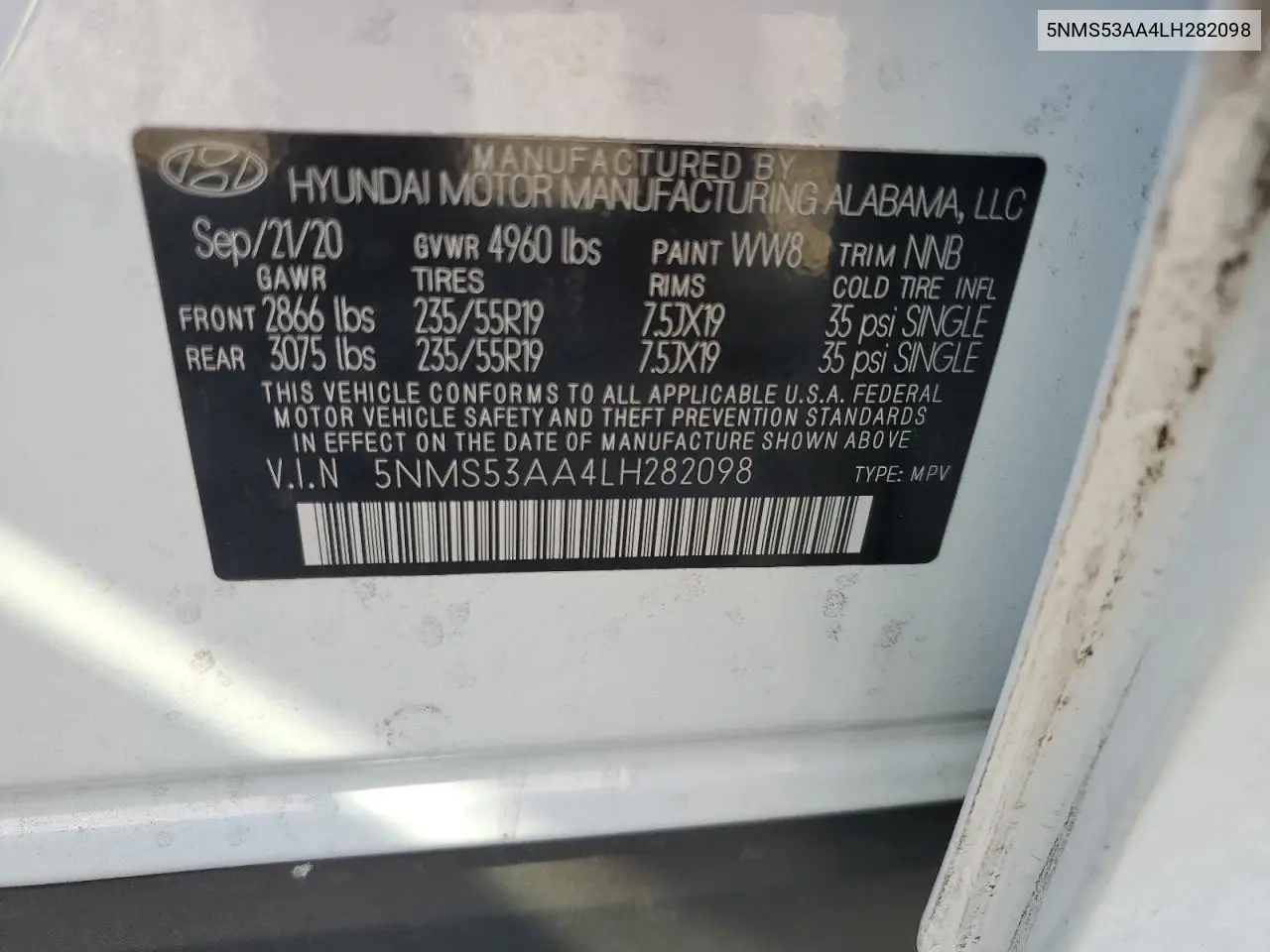 5NMS53AA4LH282098 2020 Hyundai Santa Fe Limited
