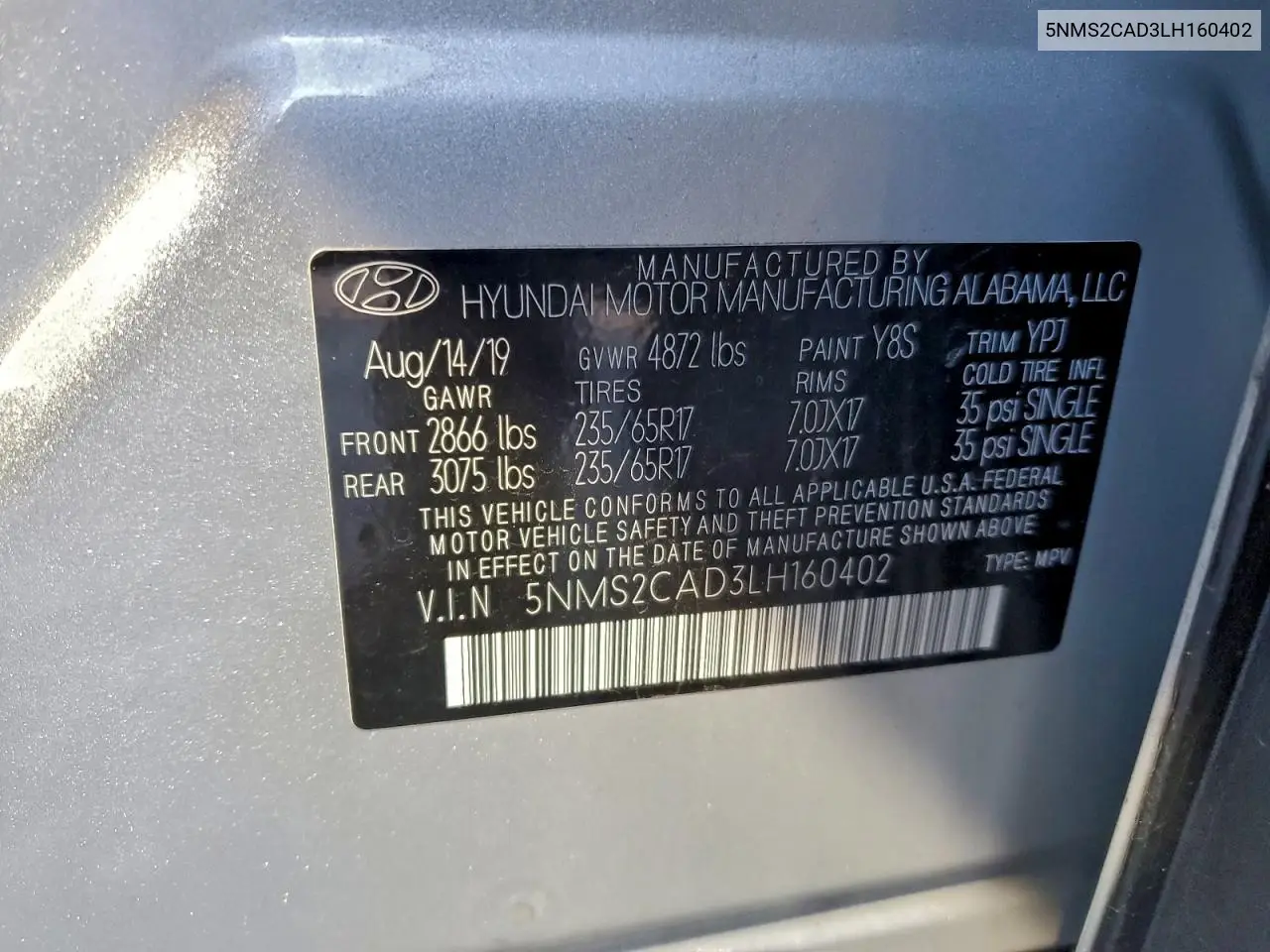 5NMS2CAD3LH160402 2020 Hyundai Santa Fe Se