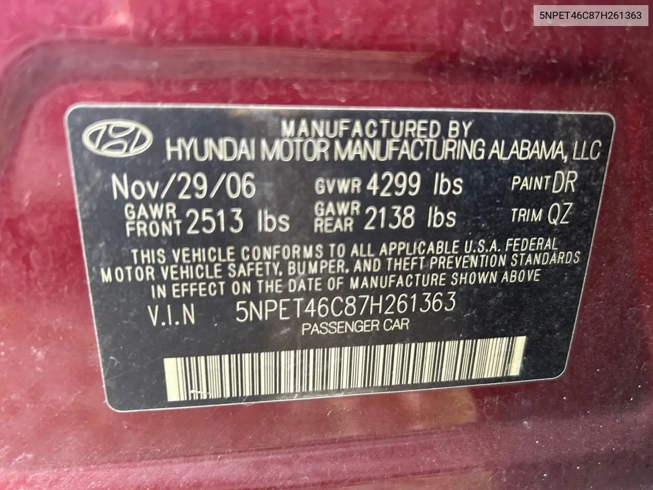 5NPET46C87H261363 2007 Hyundai Sonata Gls