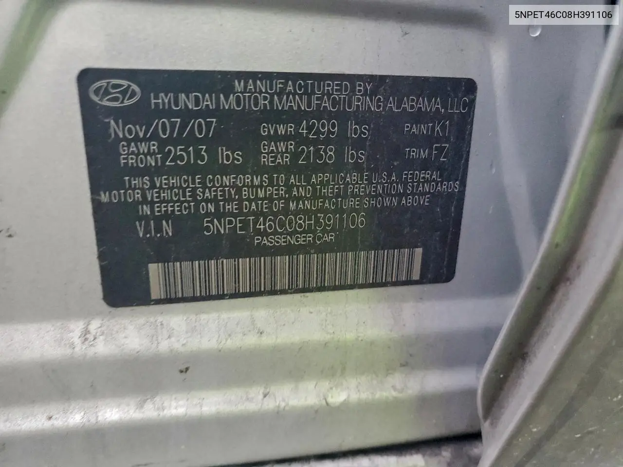 5NPET46C08H391106 2008 Hyundai Sonata Gls