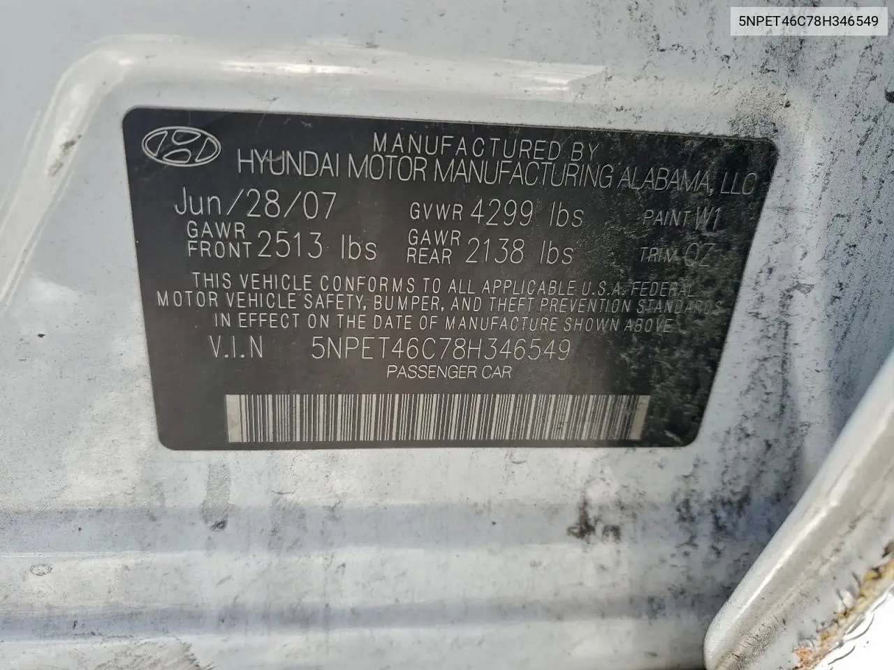 5NPET46C78H346549 2008 Hyundai Sonata Gls