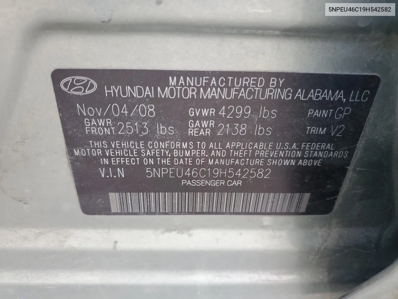 5NPEU46C19H542582 2009 Hyundai Sonata Se
