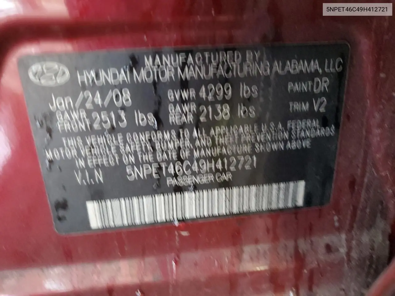 5NPET46C49H412721 2009 Hyundai Sonata Gls