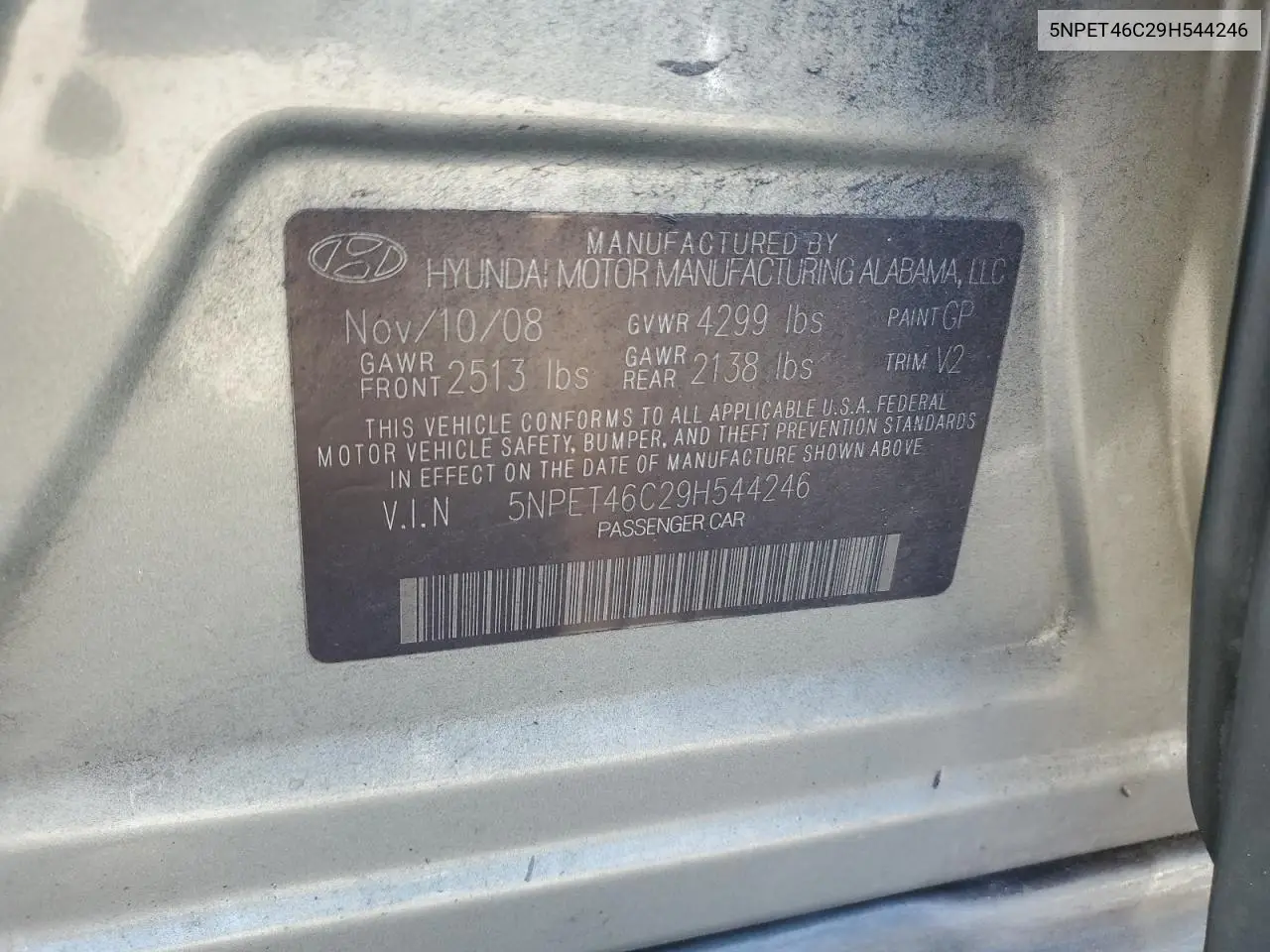 5NPET46C29H544246 2009 Hyundai Sonata Gls