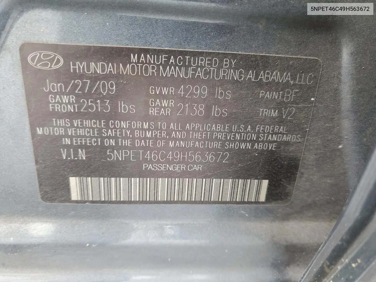 5NPET46C49H563672 2009 Hyundai Sonata Gls
