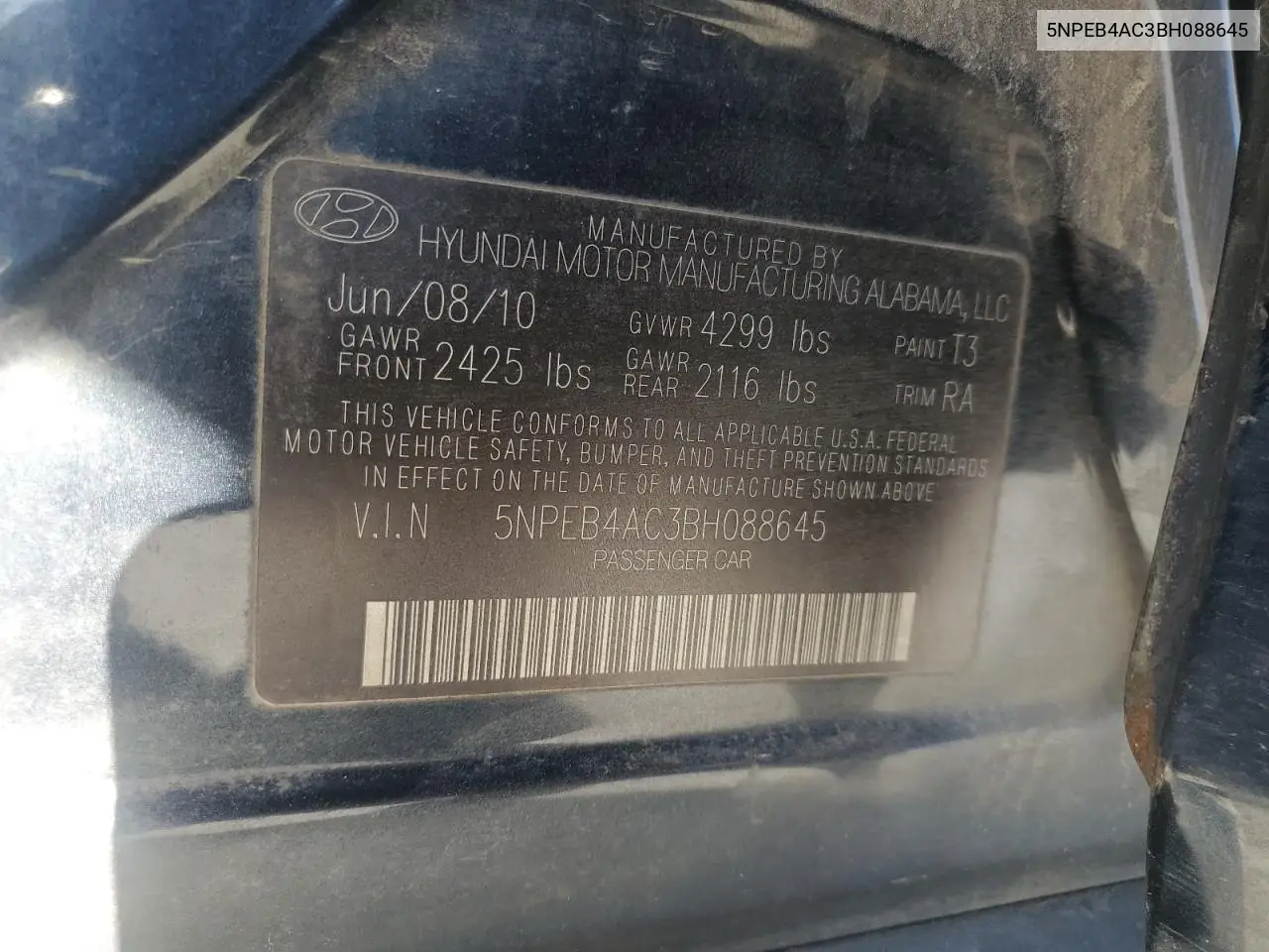 5NPEB4AC3BH088645 2011 Hyundai Sonata Gls