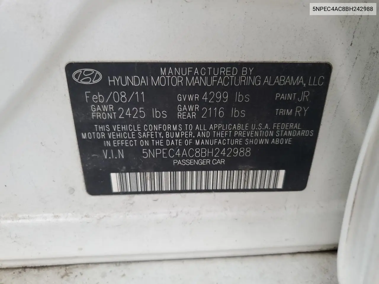 5NPEC4AC8BH242988 2011 Hyundai Sonata Se
