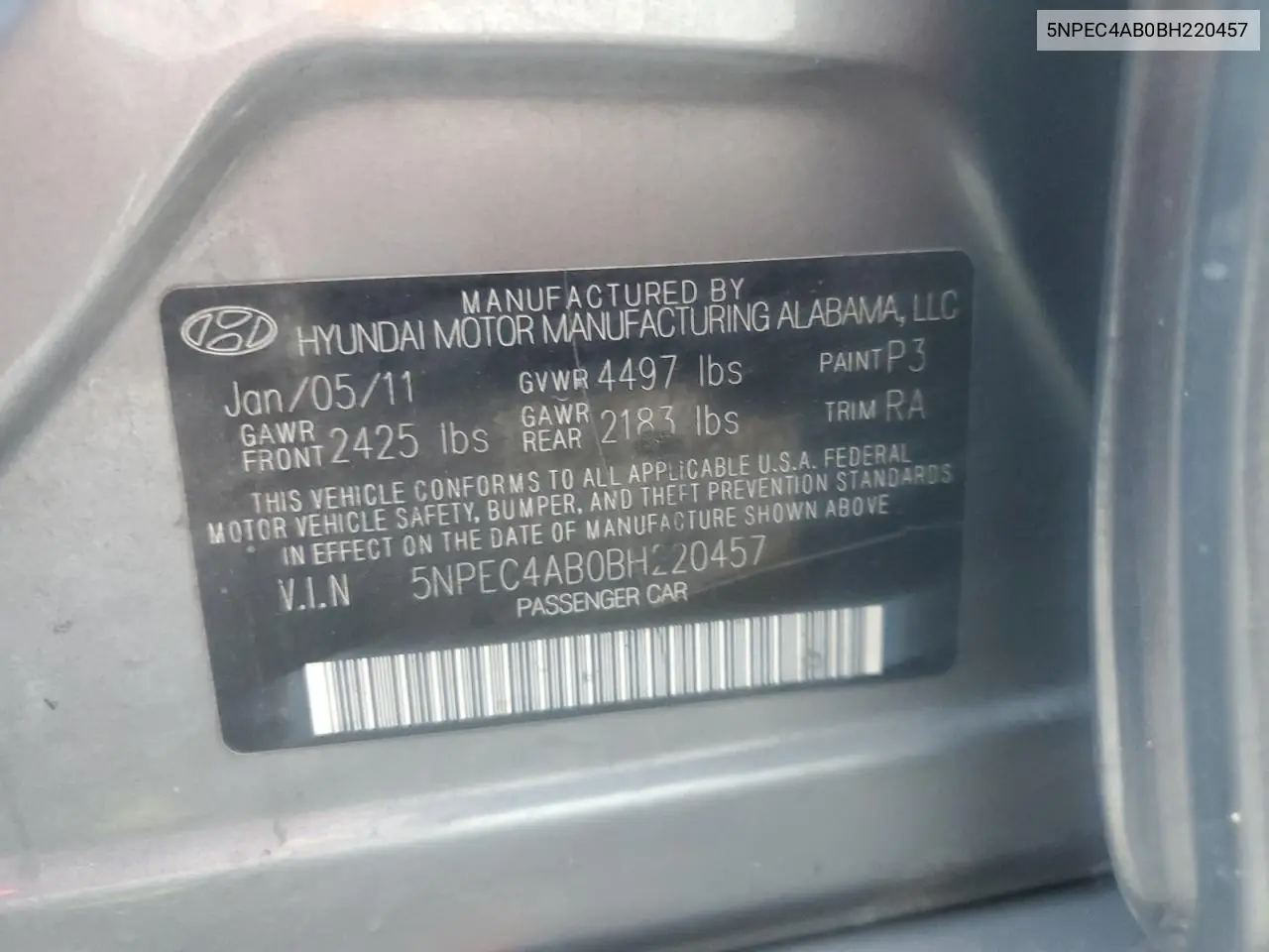 5NPEC4AB0BH220457 2011 Hyundai Sonata Se