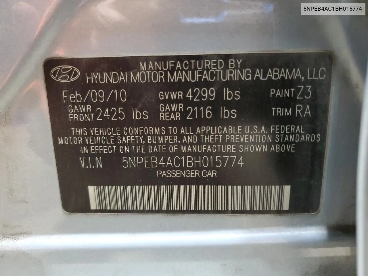 5NPEB4AC1BH015774 2011 Hyundai Sonata Gls