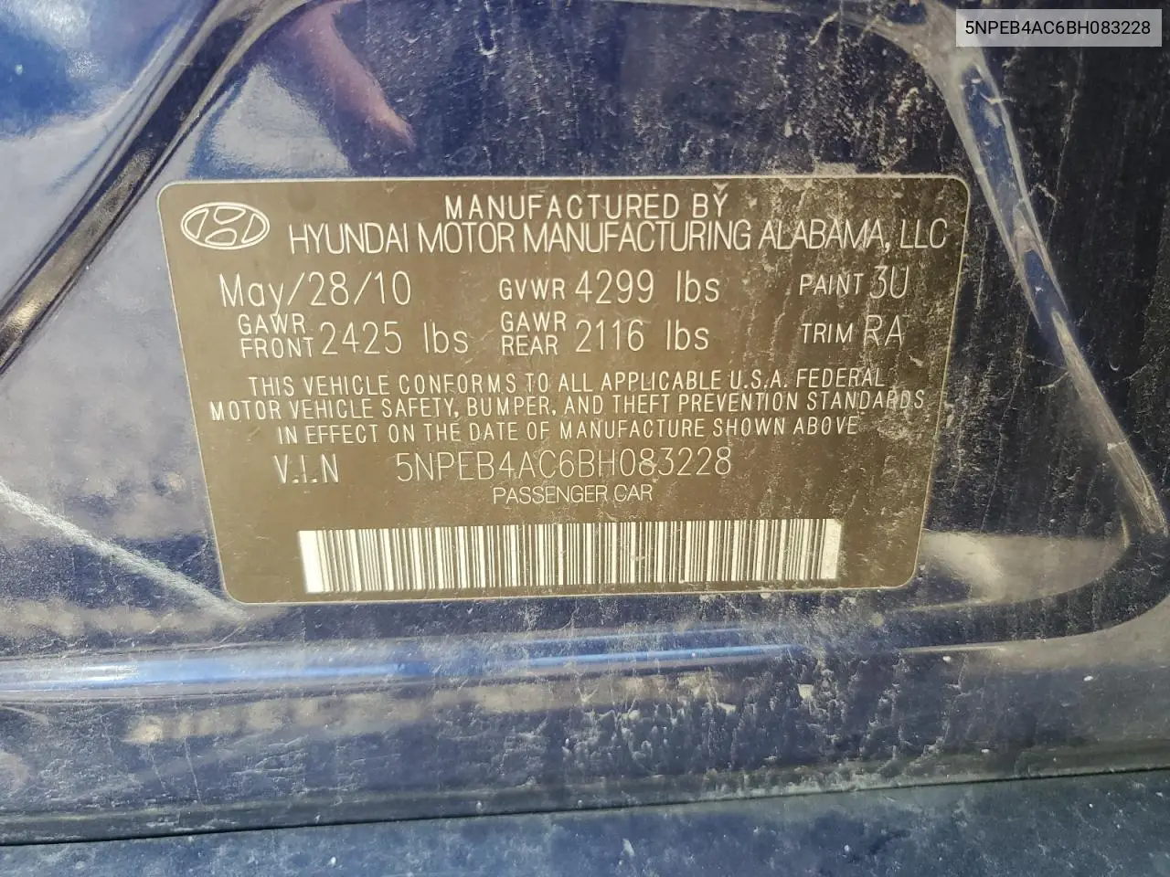5NPEB4AC6BH083228 2011 Hyundai Sonata Gls